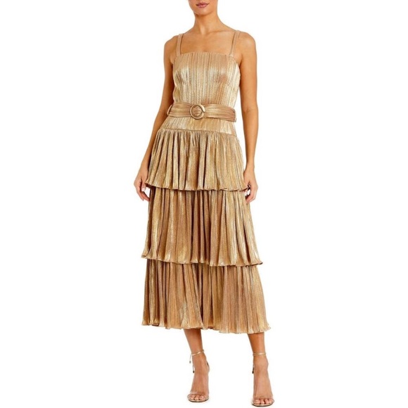 IEENA MAC DUGGAL Gold Metallic Plissé Square NeckPleated Ruffle Belted Gown